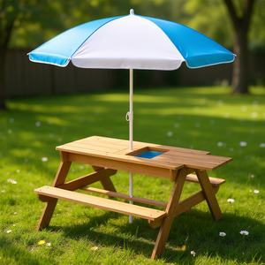 Mesa de Picnic Infantil de Madera para Exteriores con Sombrilla, 3 en 1, Convertible en Mesa de Juego para Arena y Agua, Diseño Rústico, Forma Rectangular - Product Image 2