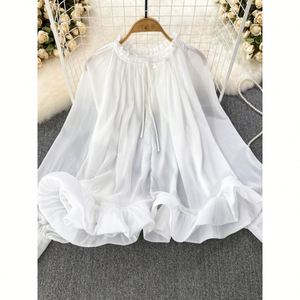 Camicette Primavera Autunno 2026 Stile Coreano da Socialite, con Maniche a Lanterna Lunghe, <span class=keywords><strong>Collo</strong></span> Tondo, Balze Morbide, in Chiffon, Top Casual da Donna - Product Image 4