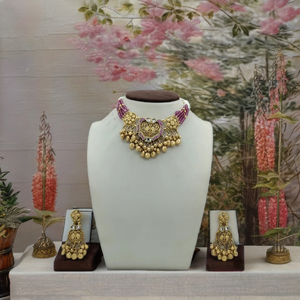 Traditional silver Gold Filigree Necklace <b>Set</b> with Pink <b>Beaded</b> Strand and Coin Drop Earrings for Wedding Bridal Festive Wear - Product Image 3