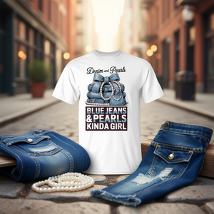 Camiseta Denim And Pearls con diseño de vaqueros y perlas para chica - Product Image 3