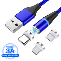 Câble de charge rapide magnétique 3A en cuivre pur tressé 3 en 1 avec lumière LED pour Android, iOS et ordinateur