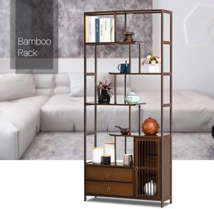 Combohome Bambú Sala de estar Estante de exhibición Gabinete Alto Vintage Antiguo Marrón oscuro Librería - Product Image 4