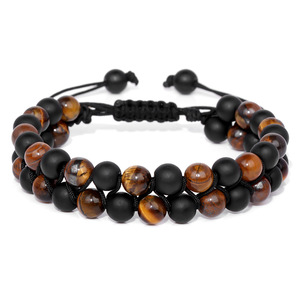 Bracelet en pierre œil de tigre, <span class=keywords><strong>hématite</strong></span> et obsidienne noire, double rangée de perles de cristal naturel, porte-bonheur, bracelet triple protection - Product Image 4