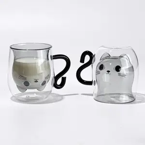 YOUTAI, creativa forma de cabeza de gato, vidrio interior de doble pared, taza de vidrio de borosilicato resistente al calor alto