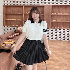 N8384 กระโปรงมิดิเอวสูงไซส์ใหญ่สำหรับผู้หญิง สีดำลายทาง ทรงเอ โพลีเอสเตอร์ไฟเบอร์ สไตล์ฮ่องกง หวานเท่ - Product Image 3