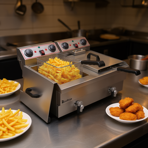 Freidora comercial de doble tanque de acero inoxidable de 16.9QT (16L) a gas para uso en restaurantes - Product Image 2