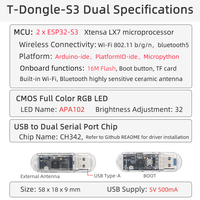 Carte de développement LILYGO T-Dongle-S3 Dual Dual-Core 2 X ESP32-S3 USB Dongle Wi-Fi Bluetooth 5 Dual APA102 RGB LED TF Card