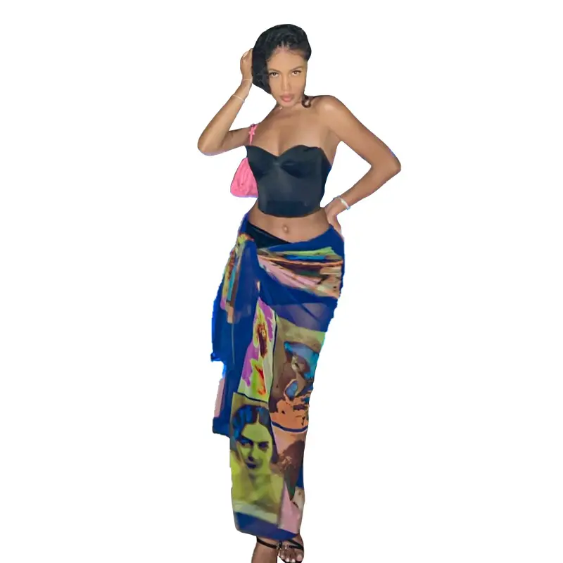 Translucent Skirt Irregular design party fashion print mesh slim bandage wholesale clothes womens long skirt