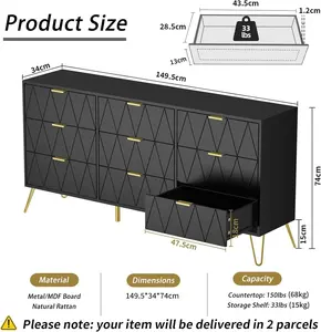 <span class=keywords><strong>Commode</strong></span> élégante noire à 9 tiroirs, au design géométrique <span class=keywords><strong>scandinave</strong></span>, finition <span class=keywords><strong>noir</strong></span> mat avec pieds dorés élégants - Product Image 4