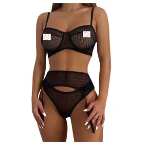 X1766 Wholesale hot girls grid mesh transparent bra and panties set with garter mature women's underwear set sexy lingerie