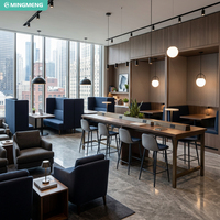 Mobilier contemporain pour hall d'hôtel : Poste de travail collaboratif, banquette, table haute, fauteuil lounge rembourré pour projets commerciaux