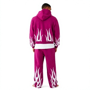 LONG MISSION INDUSTRY Chándal Morado con Capucha para Hombre, Estampado de Llamas, Cierre con Cordón, Bolsillos Laterales, Estilo Urbano Informal - Product Image 3
