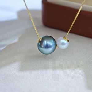 Collier en or 18 carats Mengling avec perle Akoya et perle noire de Tahiti, serti de pierres rondes, pendentif classique, bijoux pour femmes - Product Image 2