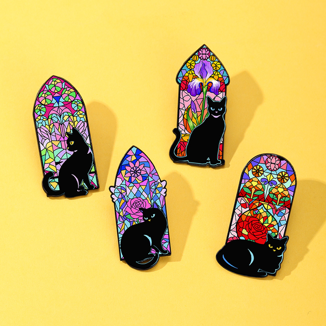 Customized Wholesale Enamel Badges Stained Glass Style Cat Pins OEM ODM Custom Floral Enamel Lapel Pins Bulk