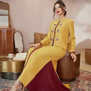 Modest Yellow embroidered hooded long sleeve gowns abaya for women Muslim Dubai maxi evening dresses Arabic kaftan