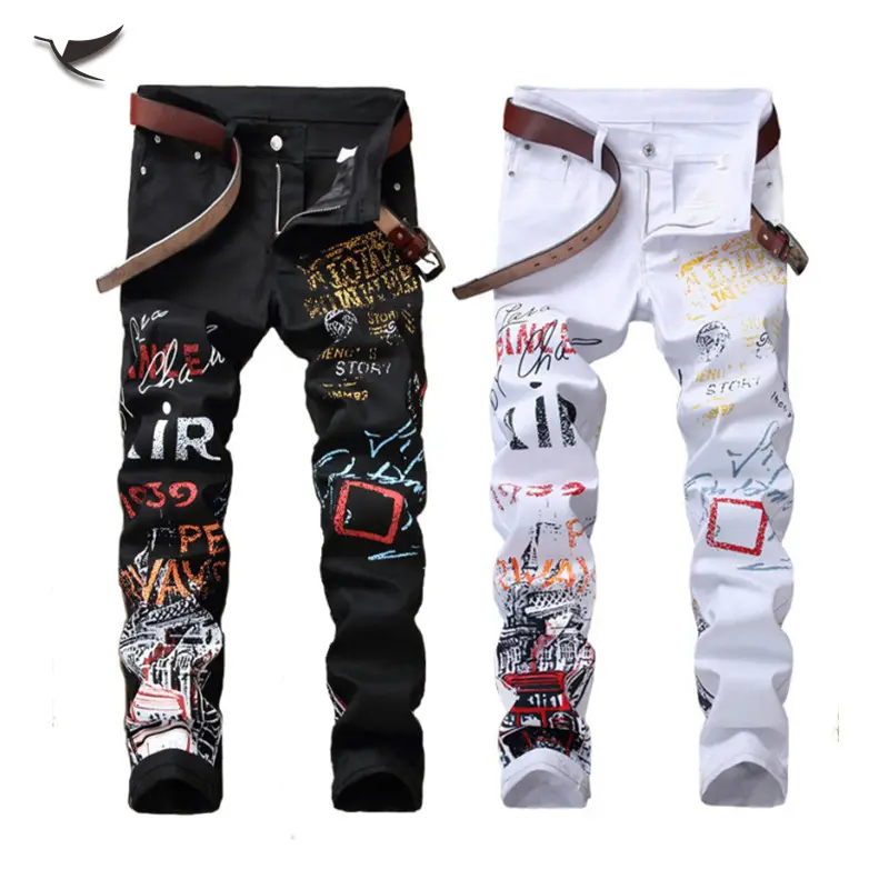 Wholesale Men's Jeans Printed Jeans High Street Style Stacked Slim Pencil Pants Casual Denim Men Jeans