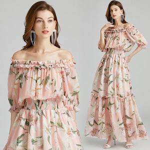 2021 Apparel Stocklot Sexy Off-The-Shoulder Evening-Neck <strong>Tulip</strong> Print Elastic High-Waisted Big Hem Appointment <strong>Dress</strong> - Product Image 3