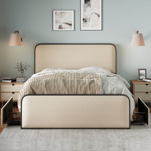Letto matrimoniale moderno in metallo beige con testiera <span class=keywords><strong>e</strong></span> pediera curvate imbottite <span class=keywords><strong>e</strong></span> 4 cassetti contenitore - Product Image 3