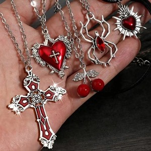 [Gorgeousxx] Ensemble de colliers pendentifs Y2K gothiques avec croix rouge, cœur et cerise pour femme, bijoux de fête - Product Image 5