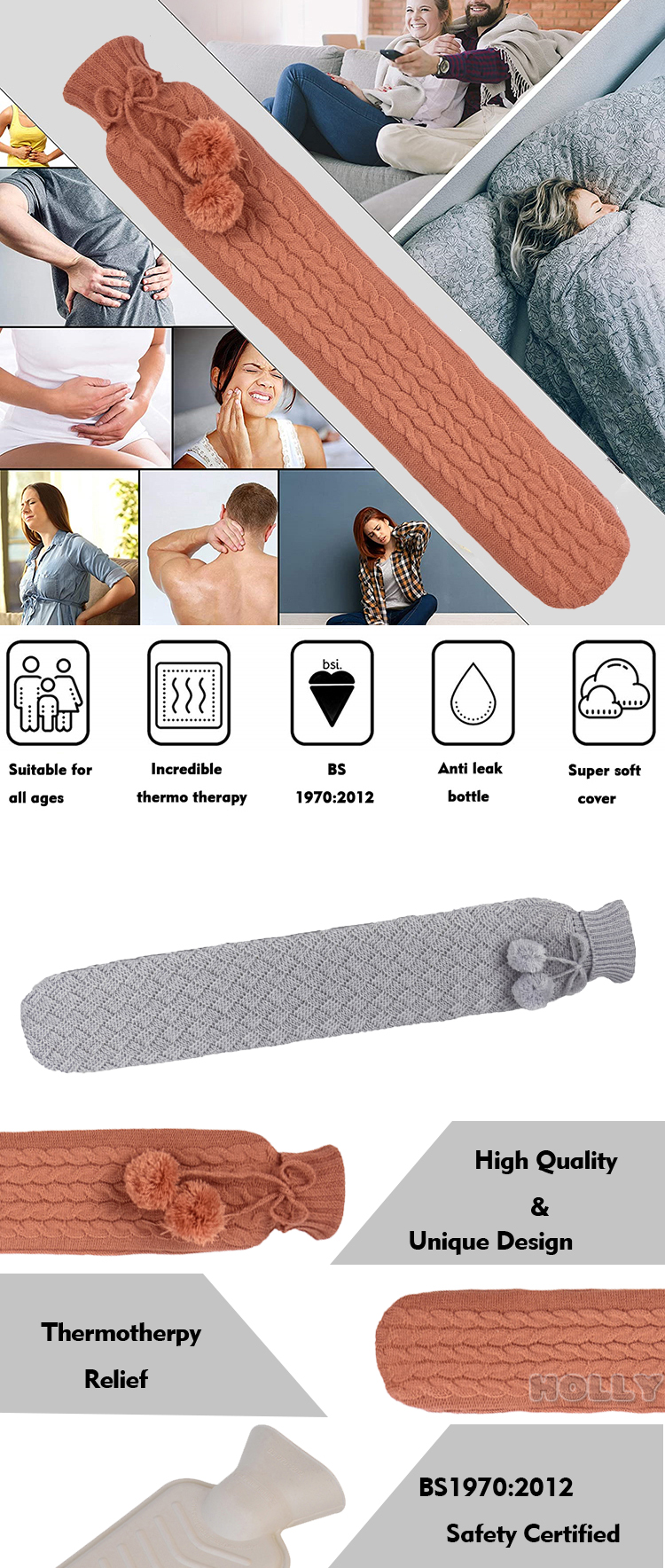 reusable long hot water bottle with cover portable keep warmer waterproof rubber hot water bag comfortable