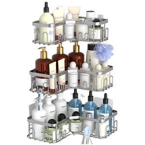 Dispensador de jabón de plata triangular de acero al carbono de estilo moderno, soporte de almacenamiento fácil de usar, sin tornillos, montado en la esquina del <span class=keywords><strong>baño</strong></span> del hogar del Hotel - Product Image 1