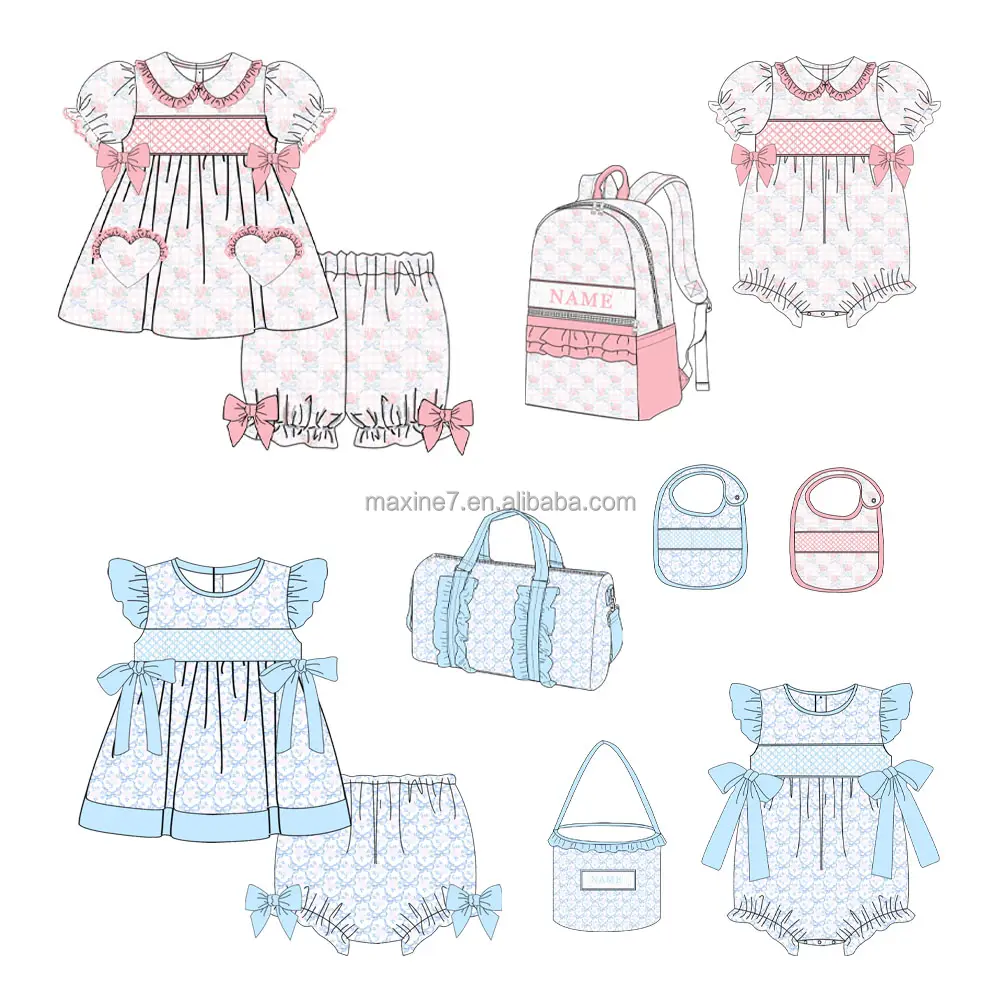Wholesale Boutique Kids Clothes Pajamas Puff Sleeve Children Cotton Skirt Full Embroidery Baby Girls Smocking Dress