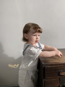 Ensemble deux pièces col <span class=keywords><strong>marin</strong></span> pour bébé, chemise à manches courtes et short bloomers, tenue nautique décontractée pour enfant - Product Image 6