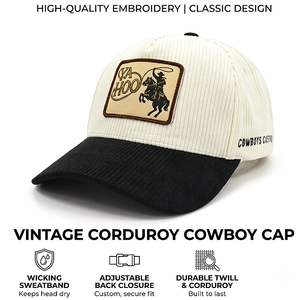 Casquette en velours côtelé personnalisée, faible MOQ, OEM ODM, avec patch en cuir brodé, style western cowboy, bicolore crème et noir, 5 panneaux - Product Image 1