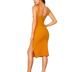 Ropa de verano <span class=keywords><strong>amarillo</strong></span> sin mangas de cuello cuadrado elegante sexy bodycon vestidos - Product Image 4