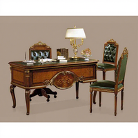Ensemble de mobilier de bureau royal français Bureau de bureau en bois et chaise en cuir vert