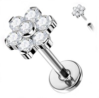 Labret Fleur en Titane de Grade Implantaire ASTM F136 avec Pavé de Zircon Cubique, à Enfoncer Sans Filetage, pour Piercing Tragus, Hélix, Lobe, Conch