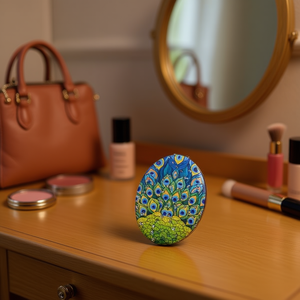 Specchietto tascabile ovale a forma di piuma 8,6x6,2 cm con design colorato a forma di pavone per il trucco in movimento - Product Image 2