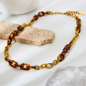 Collana da donna con catena ovale in acrilico leopardato, placcata oro 18 carati, in acciaio inossidabile, per maglione, gioielli alla moda - Product Image 1