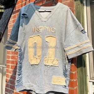 Chemise en jean personnalisée de haute qualité, délavée à l'acide, avec broderie et patchs, en denim épais, col en V, coupe oversize, manches courtes - Product Image 3