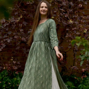 Robe longue bohème à col en V, imprimé floral vert, manches longues, taille élastique, coupe ample trapèze, en coton et fibre de bambou, pour le printemps, tenue décontractée - Product Image 1