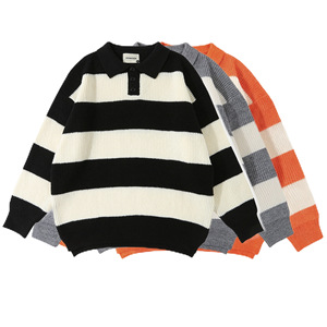 Suéter Polo de Punto a Rayas para Hombre, Corte Holgado, Talla Grande, Transpirable, de Poliéster, Juvenil y Moderno - Product Image 1