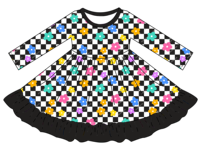 Nouvelle Arrivée Robe Quotidienne à Volants pour Enfants, Motif Floral Écossais et Blocs de Couleurs, Robe Personnalisée en Bambou pour Bébés Filles Printemps & Automne