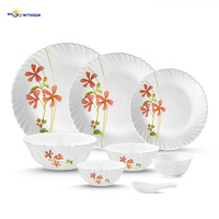 Service de table en verre opale 45 pièces, motifs floraux rouges, assiettes à bord festonné, bols, cuillères, pots à épices pour réunions à domicile et usage hôtelier
