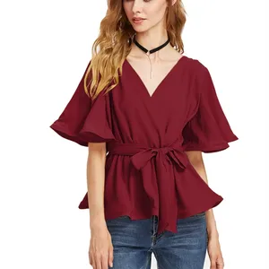 Oem Vrouwen Korte Mouw V-hals Peplum Wrap Tops Dames Blouses Casual Crop Tops