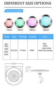 Luz LED ultrafina para piscina, 18W, RGB, DC12V, acero inoxidable, 7,5mm, 8mm, <span class=keywords><strong>Alexa</strong></span>, aplicación WIFI, remoto móvil, lámpara de <span class=keywords><strong>Spa</strong></span> para estanque submarino - Product Image 3