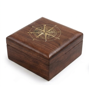 Boîte à souvenirs en bois avec incrustation de boussole, étui de rangement pour objets précieux, organisateur de bijoux, cadeau commémoratif pour hommes et femmes, fabriqué à la main avec une finition de haute qualité - Product Image 1