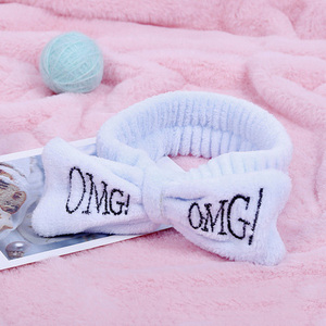 Wholesales Girls Cute <strong>Face</strong> <strong>Washing</strong> Plush Hairband OMG Letters Bow Coral Fleece <strong>Headband</strong> - Product Image 2