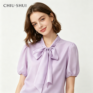 <span class=keywords><strong>En</strong></span> Stock: Blusa Elegante de Oficina, Camisa de Chifón de Manga Corta con Lazo, Tejido de Punto para Primavera/Verano - Product Image 2