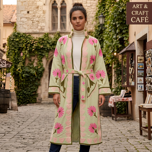 Abrigo Largo de Algodón Acolchado con Bordado Floral, Ecológico, con Cinturón, para Mujer, Chaqueta de Invierno con Cuello en V y Manga Larga - Product Image 1
