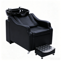 Fauteuil de lavage moderne noir avec bac en céramique, dossier inclinable, repose-pieds amovible – Station de lavage de cheveux pour salon de coiffure et barbier