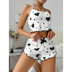 Homewear Love Printed <b>Suspender</b> Shorts Casual Pit Stripe Women's Pajamas 2 Piece <b>Set</b> Sleepwear Fashion - Product Image 2