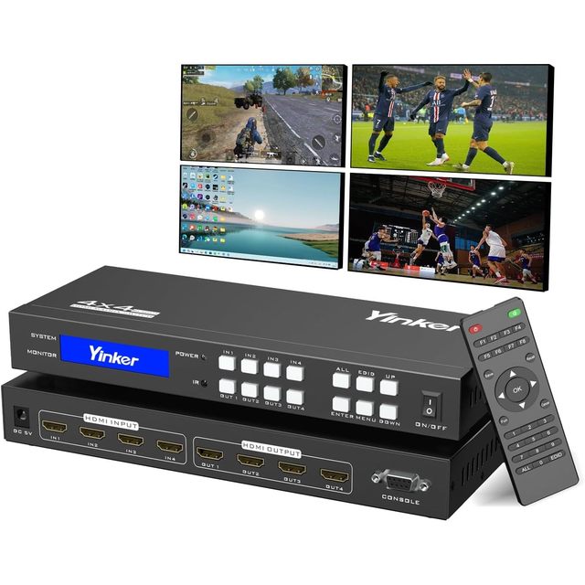 Yinker 4K for HDMI Matrix Switcher/Divider 4x4 4 in 4 Out with Backlit Buttons Supports 4K30Hz 4:4:4 IR 4K HDMI Matrix Switch