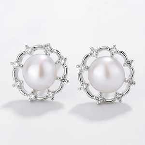 S925 <b>Silver</b> Freshwater <b>Pearl</b> Stud <b>Earrings</b> CZ Flower Halo Frame Elegant Jewelry Gift for Women Brides - Product Image 1