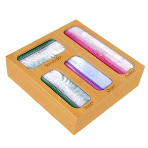 Organisateur de sacs de rangement pour aliments en bois avec quatre compartiments pour l'organisation des tiroirs de cuisine, couleur bois naturel rectangulaire - Product Image 5