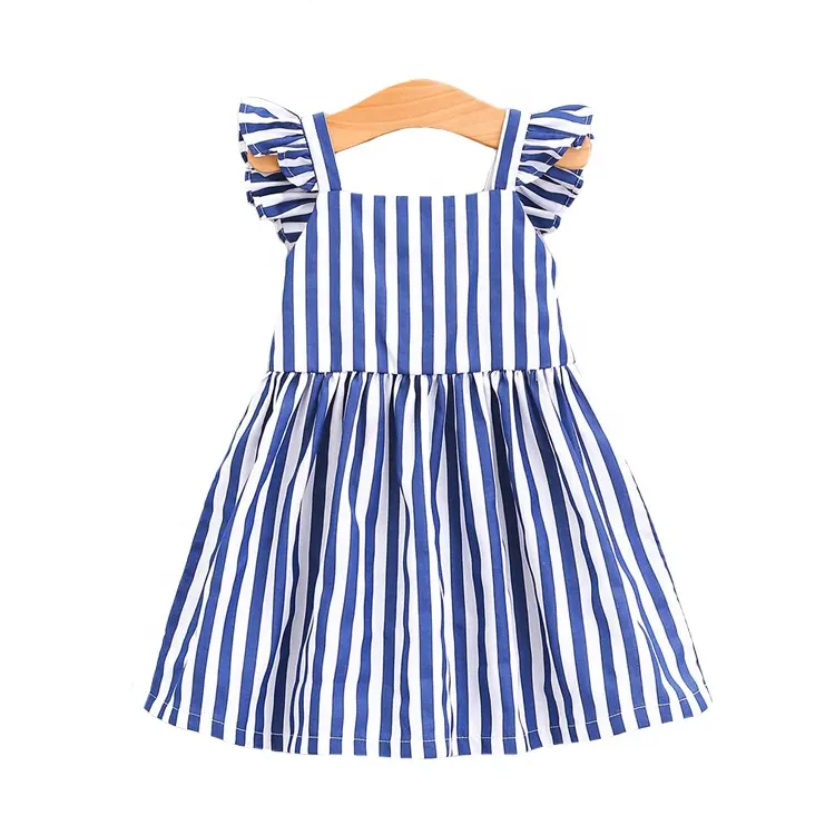 Wholesale Summer Bow Toddler Kids Baby Girls Lovely Birthday Clothes Blue Striped Off-shoulder Ruffles Party Gown Dresses